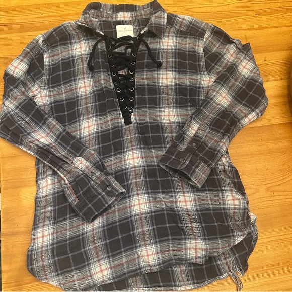 America Eagle Outfitters  Plaid Lace-Up Shirt Distressed frayed oversized fit M - Picture 1 of 8